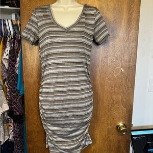 MICHAEL STARS Striped Green and Gray V-Neck Dress